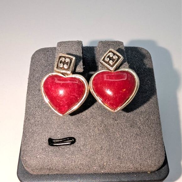 VTG SX Signed 925 Sterling Silver Red Quartz Reversible Heart Post Earrings 7.9g - Picture 1 of 10